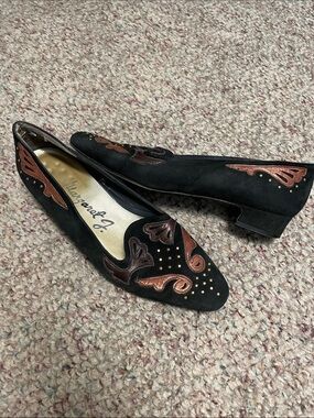 Vintage 80s Black Suede Flats with Copper studs/Embroidery